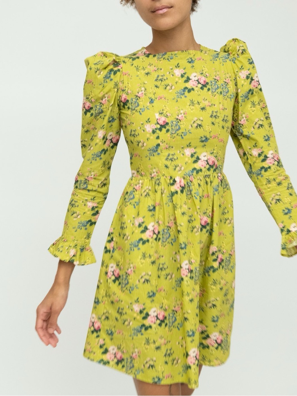 Batsheva Chartreuse Floral Puff-Sleeve Mini Dress